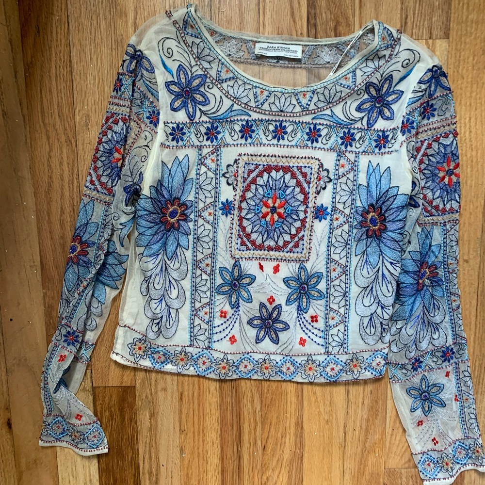Zara Red White & Blue Beaded Long Sleeve Top
